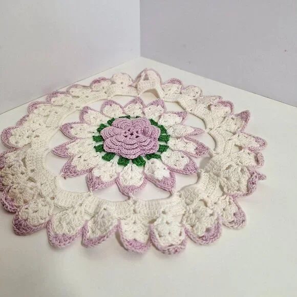 Hand Crocheted Lace Doily Flower Lavender White Green Purple Cotton 10 Inch - Picture 10 of 14